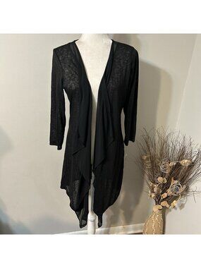 NWT Nygard Open Front Cardigan Duster Black 3/4 Sleeve Draped Hem Sheer Women M